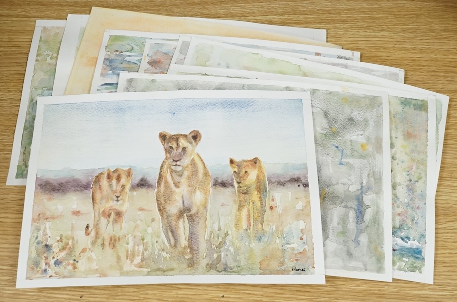 Baris Ali Kibar (Contemporary), ten watercolours on card, Wildlife to include ducks, horses, kingfisher and African wildlife, some signed, unframed, 21 x 29cm. Condition - fair